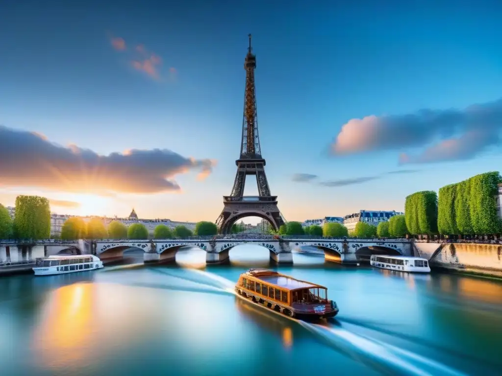 Puesta de sol en París: Torre Eiffel y el río Sena La icónica Torre Eiffel se yergue sobre el río Sena al atardecer, reflejando la importancia histórica del río Sena en París