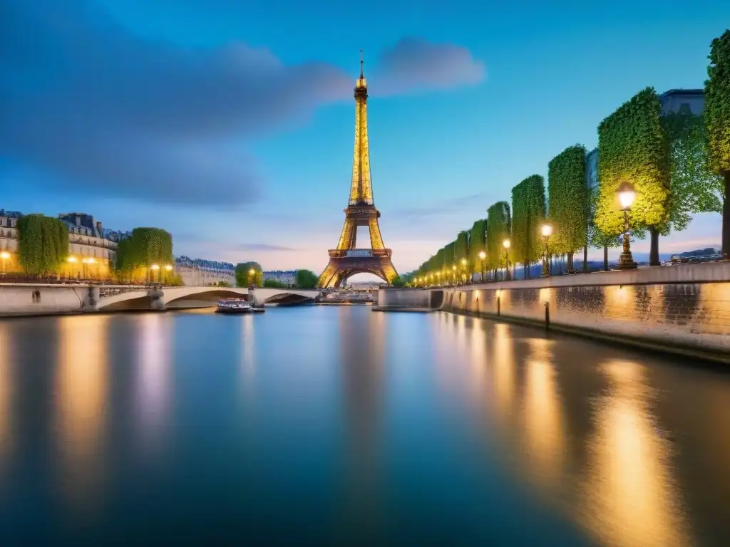 Iconica Torre Eiffel reflejada en el río Sena al atardecer La icónica Torre Eiffel reflejada en el tranquilo río Sena al anochecer, resaltando la importancia histórica del río Sena