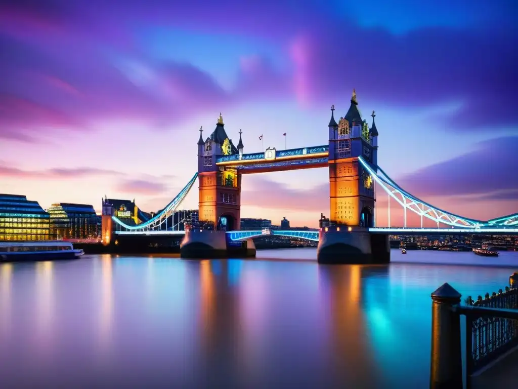 Torre Bridge al atardecer: detalle vibrante en Londres El icónico Puente de la Torre sobre el río Támesis al atardecer en Londres