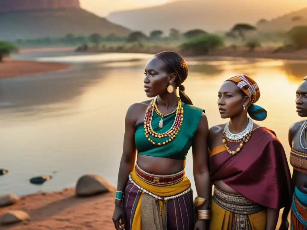 Conversación cultural al atardecer sobre derechos de agua en el río Limpopo Una imagen detallada al atardecer en el río Limpopo, mujeres africanas discuten derechos de agua y significado cultural
