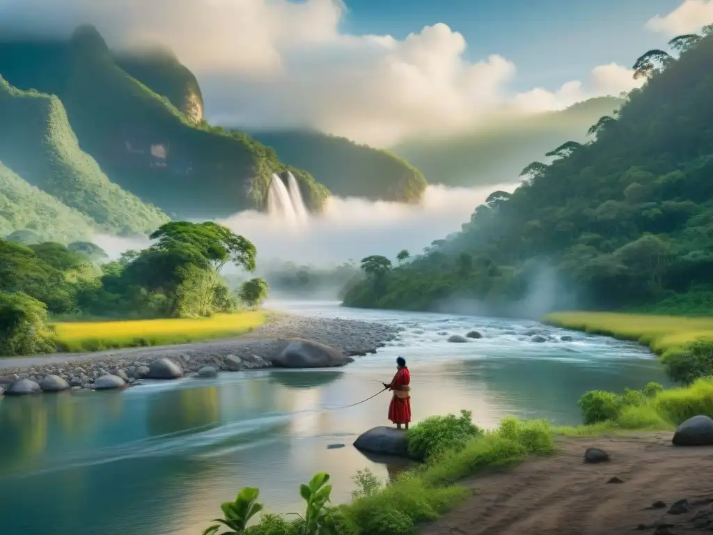 Armonía entre comunidad indígena y río en selva tropical Imagen detallada de un río serpenteante en un bosque tropical, con una comunidad indígena pescando