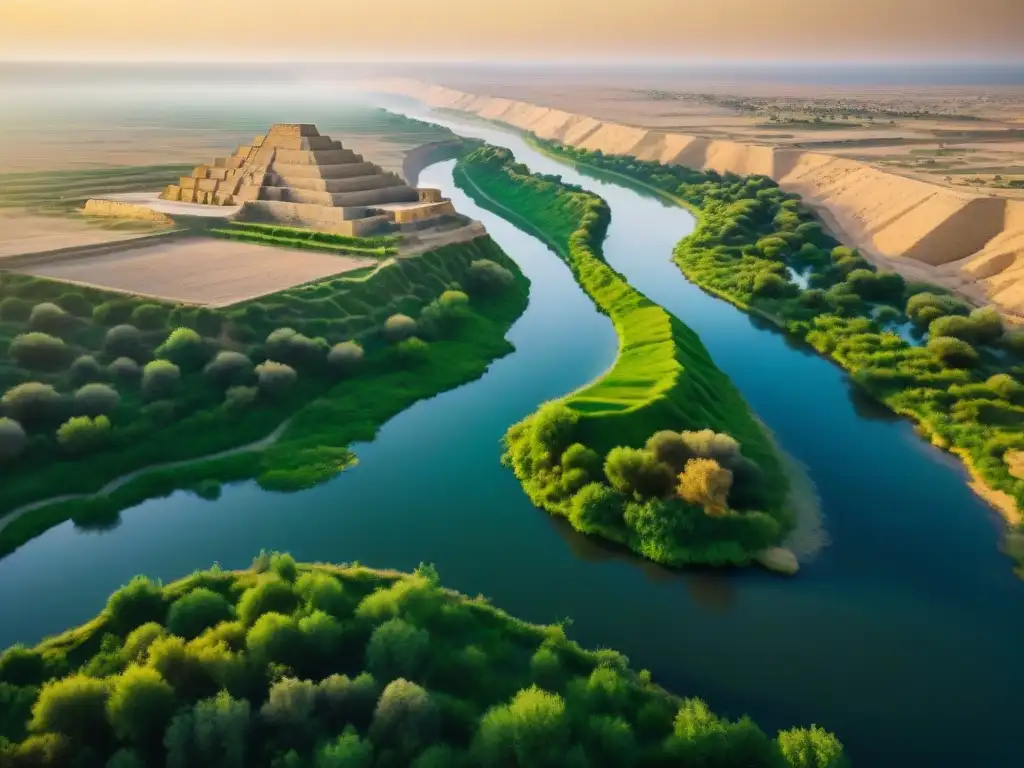 Ríos Tigris y Éufrates: historia y misterio en Mesopotamia Imagen detallada de los ríos Tigris y Éufrates serpenteando por el paisaje de Mesopotamia, con ruinas antiguas y exuberante vegetación