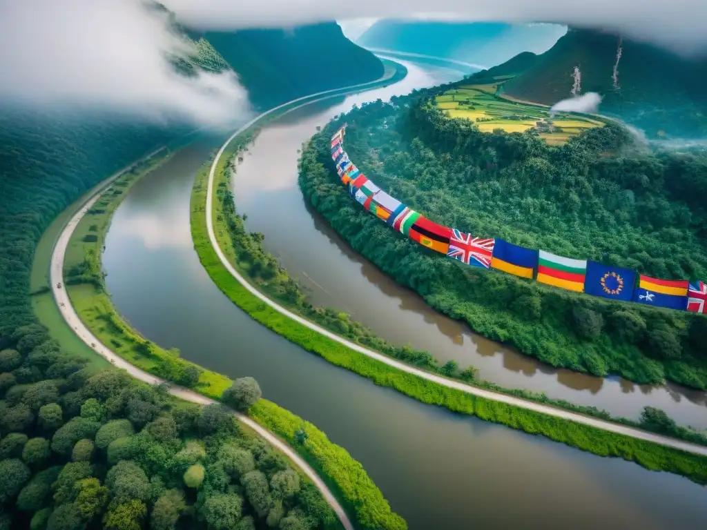 Disputa fronteriza en río entre países vecinos: impacto humano Imagen de la disputa por el control de rutas fluviales estratégicas entre dos países, marcados por banderas en barcos en un río sinuoso rodeado de bosques verdes y pueblos afectados