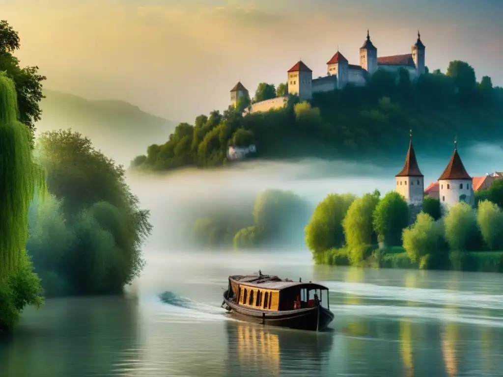 Río Danubio al amanecer: belleza tranquila y mística Imagen documental del río Danubio cubierto de niebla al amanecer, con un bote de pesca tradicional y un castillo medieval en la distancia
