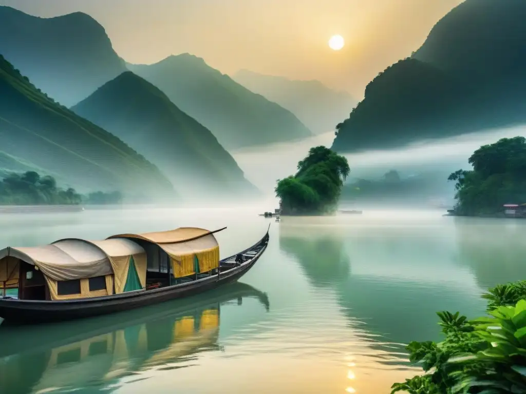 Serena belleza del río Yangtsé al amanecer Imagen documental que captura la serena belleza del río Yangtsé al amanecer, con barcos de pesca chinos y montañas verdes