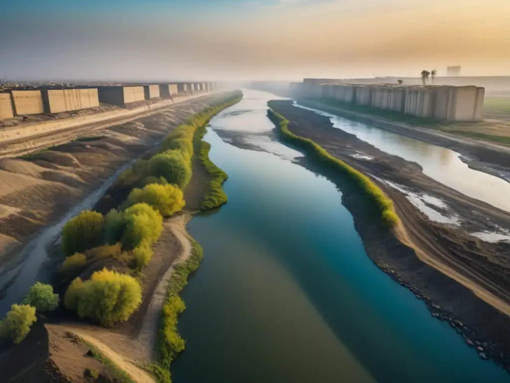 Contaminación desoladora en el Río Tigris: impactante contraste ambiental La imagen muestra la impactante contaminación del río Tigris por la guerra, con desechos y aceites flotando en sus aguas turbias