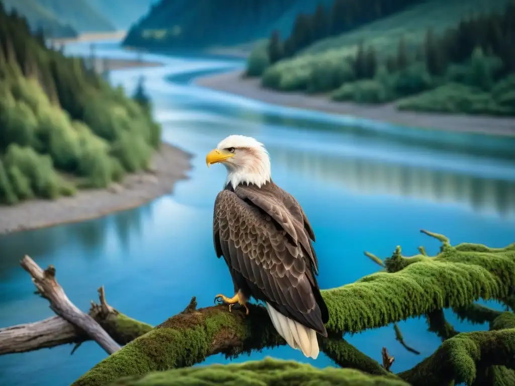 Águila calva majestuosa en el río Fraser Imagen impactante de águila calva sobre rama cubierta de musgo, al borde del Río Fraser