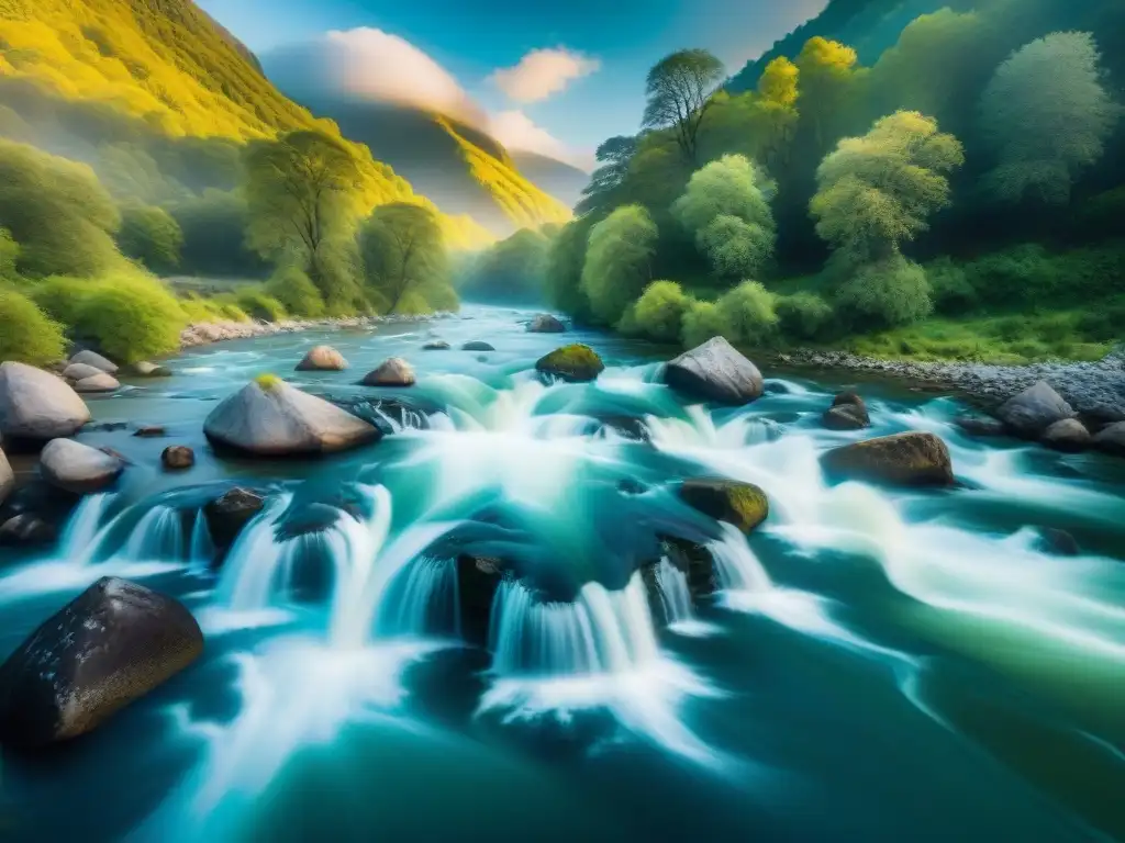 Río salvaje: energía y belleza en movimiento Imagen impactante de un río caudaloso capturado en movimiento, mostrando la energía y fuerza del agua al fluir rápidamente por terreno rocoso