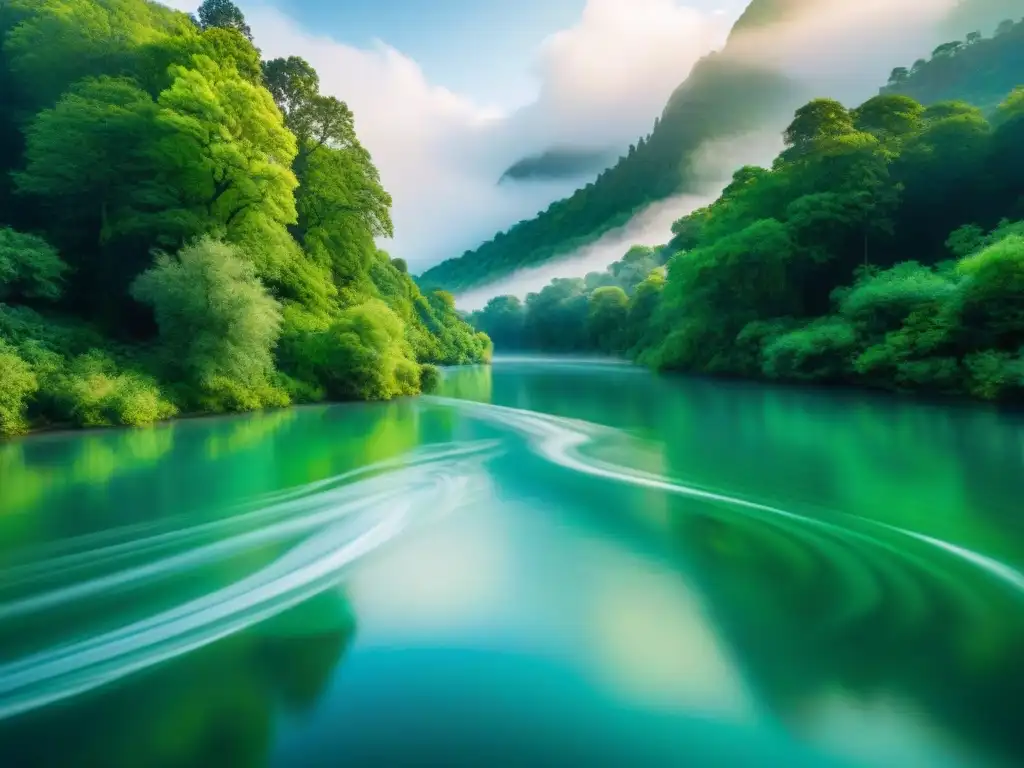 Río sereno: belleza natural amenazada Imagen impactante de un río sereno entre un bosque verde, reflejando la vida acuática y los efectos de la acidificación en ecosistemas acuáticos