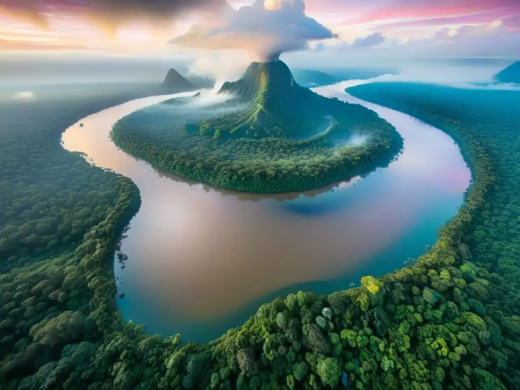 Amazonía: Familia de delfines rosados en majestuoso río Imagen del legendario río Amazonas en la selva, con delfines rosados y aves tropicales