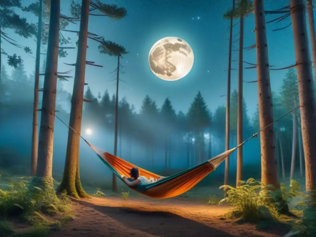 Noche tranquila en el bosque: hamacas bajo la luna Imagen mística de noche en el bosque con hamacas ultraligeras, bajo la luz de la luna y las estrellas
