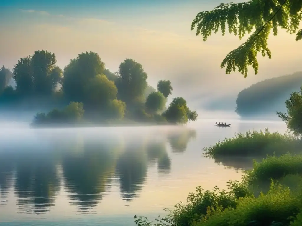 Encanto místico del río Volga al anochecer Imagen del místico río Volga al atardecer con criaturas míticas y brumosa atmósfera
