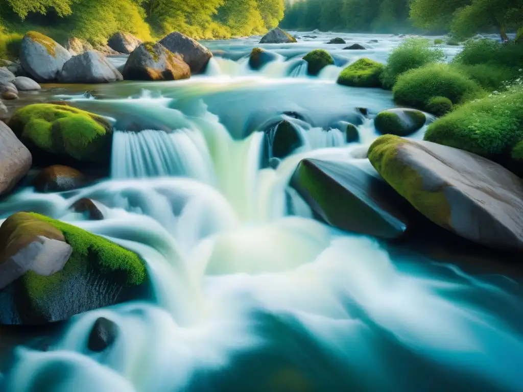 Torrente de energía: río caudaloso en movimiento Imagen de río caudaloso capturando la velocidad del agua cristalina sobre rocas cubiertas de musgo