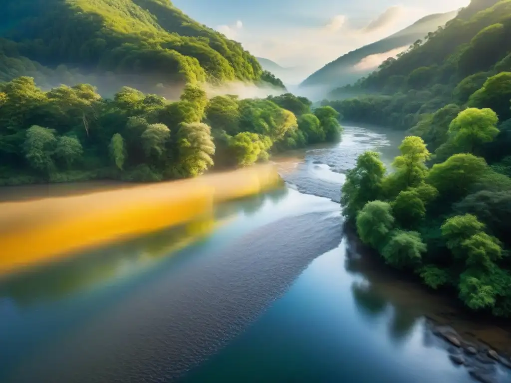 Río majestuoso en bosque exuberante: belleza y armonía natural Imagen de un río emblemático serpenteando entre un frondoso bosque, iluminado por el cálido resplandor del sol