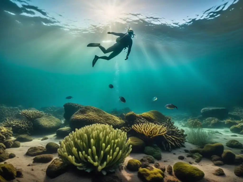 Devastador efecto de la acidificación en un ecosistema acuático Impactante escena de acidificación en ríos: agua turbia, peces muertos, plantas agonizantes y rocas descoloridas