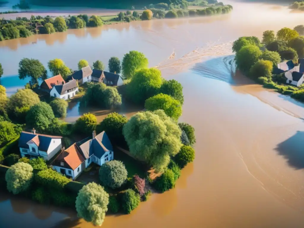 Inundación arrasadora: pueblos y campos bajo agua turbia Impactante vista aérea de inundaciones en ríos, con casas sumergidas y árboles arrancados