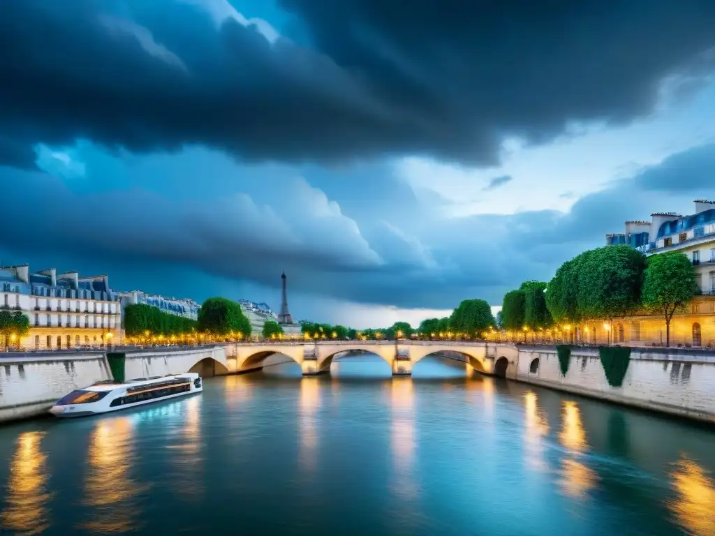 París: arquitectura histórica frente a cambio climático El impacto del cambio climático en el Sena: edificios históricos reflejados en aguas tranquilas bajo un cielo tormentoso en París
