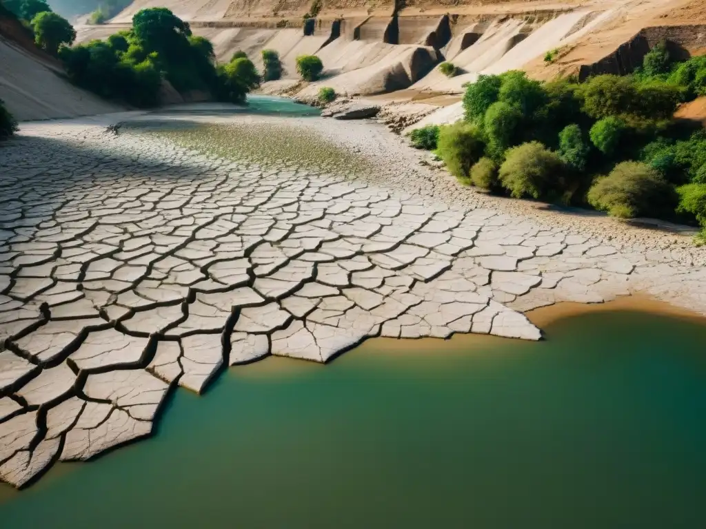 Sequía en el Ganges: impacto del cambio climático Impacto del cambio climático en el Ganges: río seco con vegetación marchita en sus orillas, destacando contraste con su caudal habitual