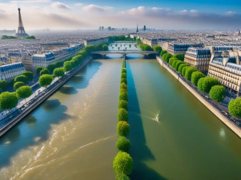 Paisaje icónico de París: Torre Eiffel bajo agua por cambio climático Impacto del cambio climático en el Sena: la icónica Torre Eiffel parcialmente sumergida, evocando preocupación por su futuro