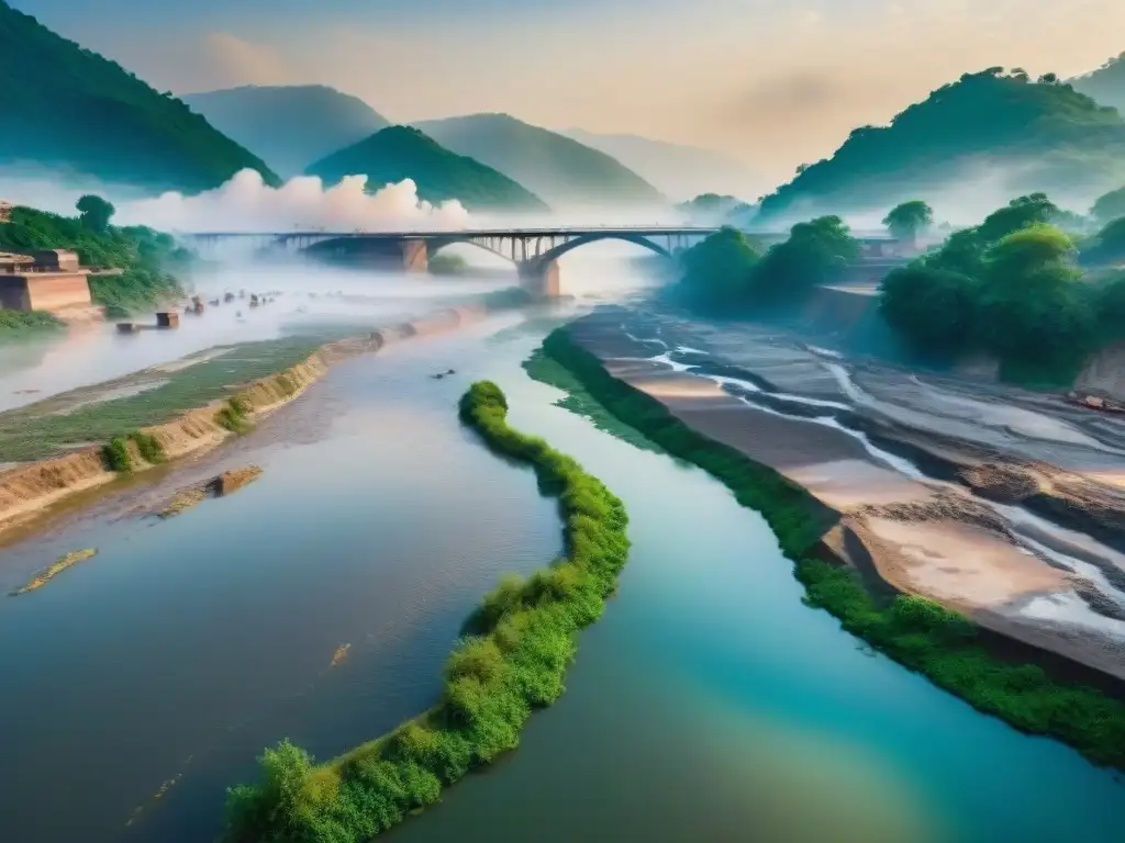 Contraste impactante: Contaminación y belleza del Ganges Impacto humano en el río Ganges: contraste entre serenidad tradicional y contaminación visible en sus aguas y orillas