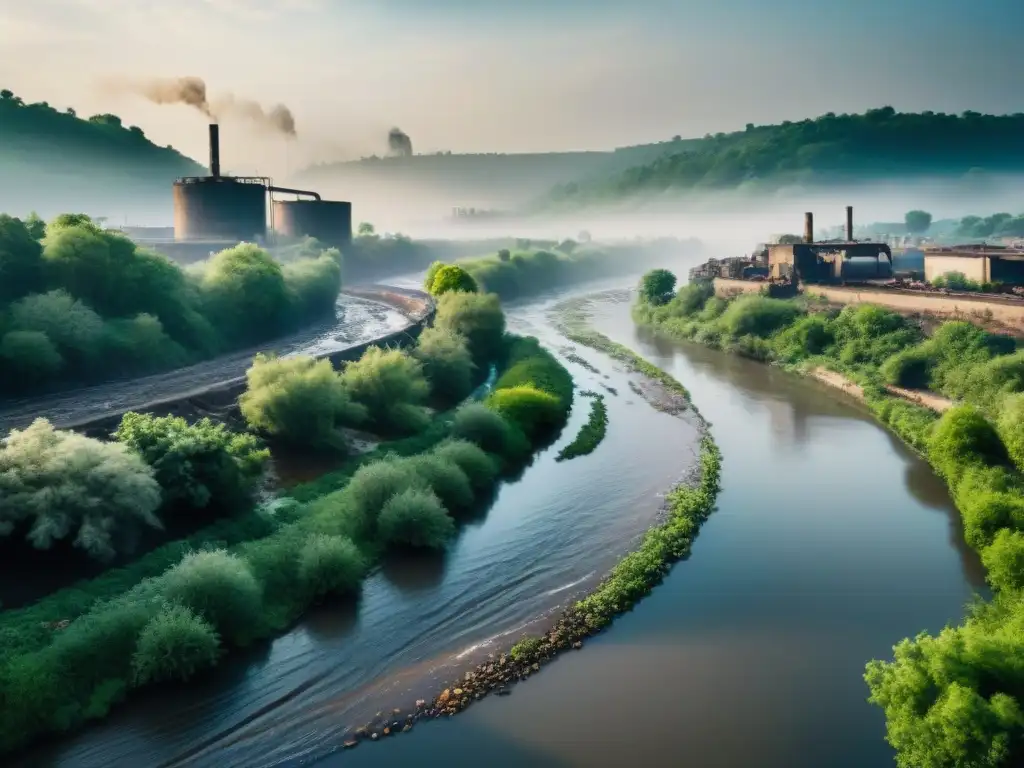 Contraste impactante: río contaminado en zona urbana Impacto humano en ríos emblemáticos: Imagen documental de un río contaminado en área urbana, reflejando la lucha entre naturaleza y desarrollo