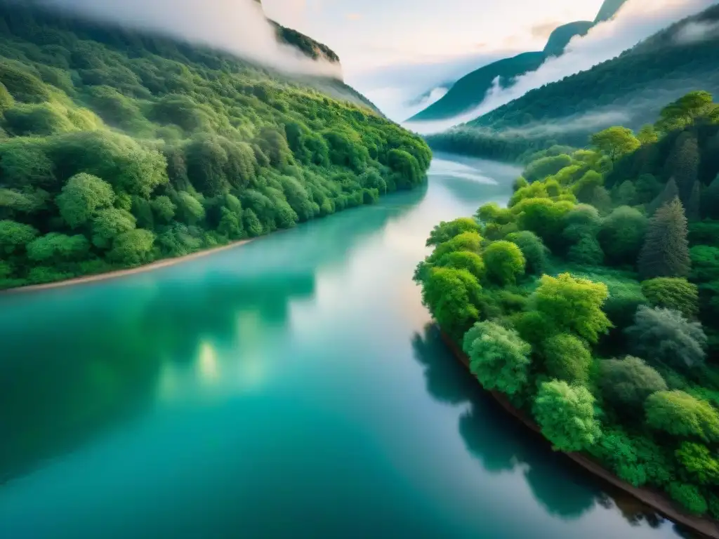 Río sereno en bosque exuberante: imagen 8k impresionante Imponente río serpenteando en un bosque exuberante, reflejando la vegetación
