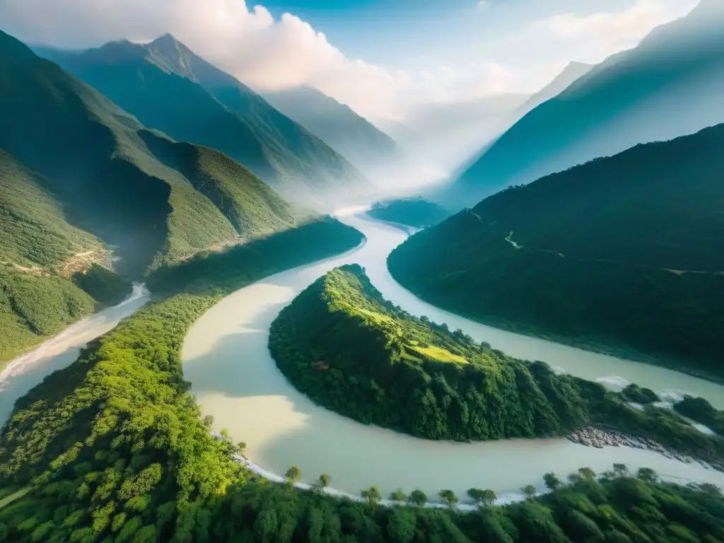 Río Ganges en el Himalaya: belleza natural vs El imponente Ganges serpenteando entre el Himalaya, rodeado de glaciares derritiéndose y bosques verdes, reflejando el impacto del cambio climático