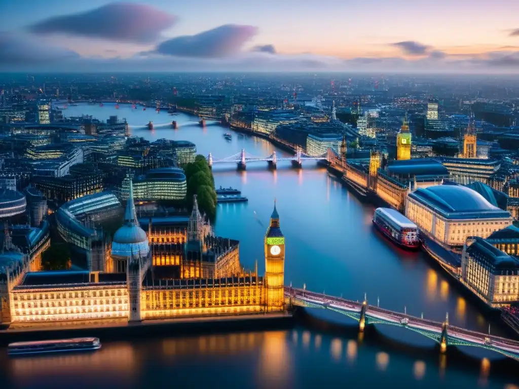 London en su esplendor nocturno: Thames y monumentos icónicos Un impresionante atardecer en el río Támesis de Londres con el London Eye, Big Ben y Tower Bridge iluminados