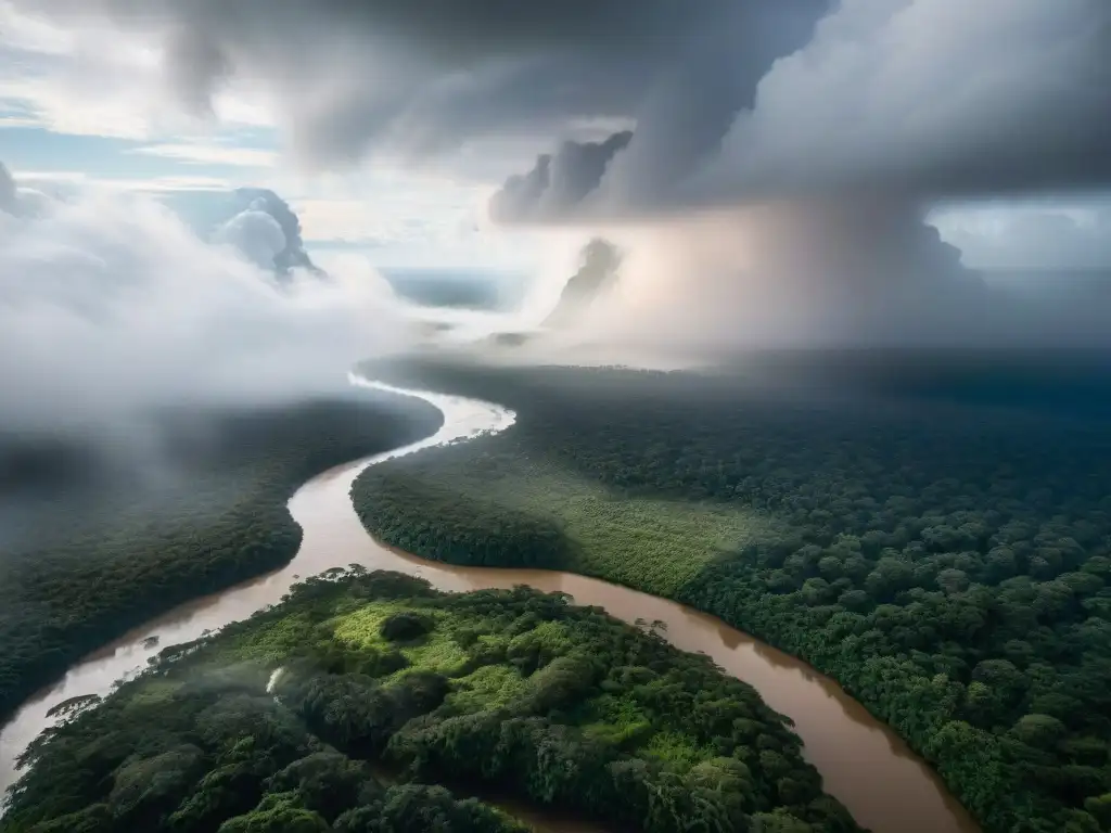 Amazonas: Majestuosidad y Misterio en un Río Legendario Impresionante imagen del legendario río Amazonas, con su exuberante vegetación y vida silvestre, bajo un cielo tormentoso