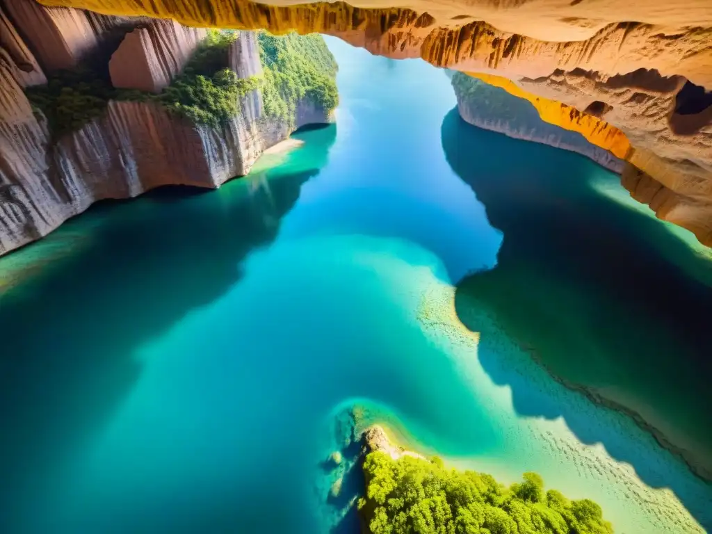 Maravilloso río subterráneo iluminado en cueva de piedra caliza Impresionante red de ríos subterráneos en un paisaje de cuevas iluminado por el sol