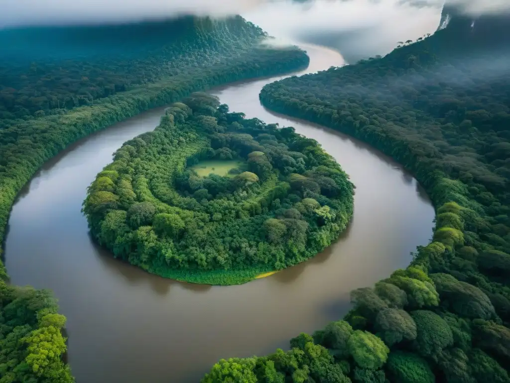 Amazonas: Majestuosidad del río en la selva verde Un impresionante río Amazonas serpenteando en la exuberante selva, resaltando su magnitud y belleza