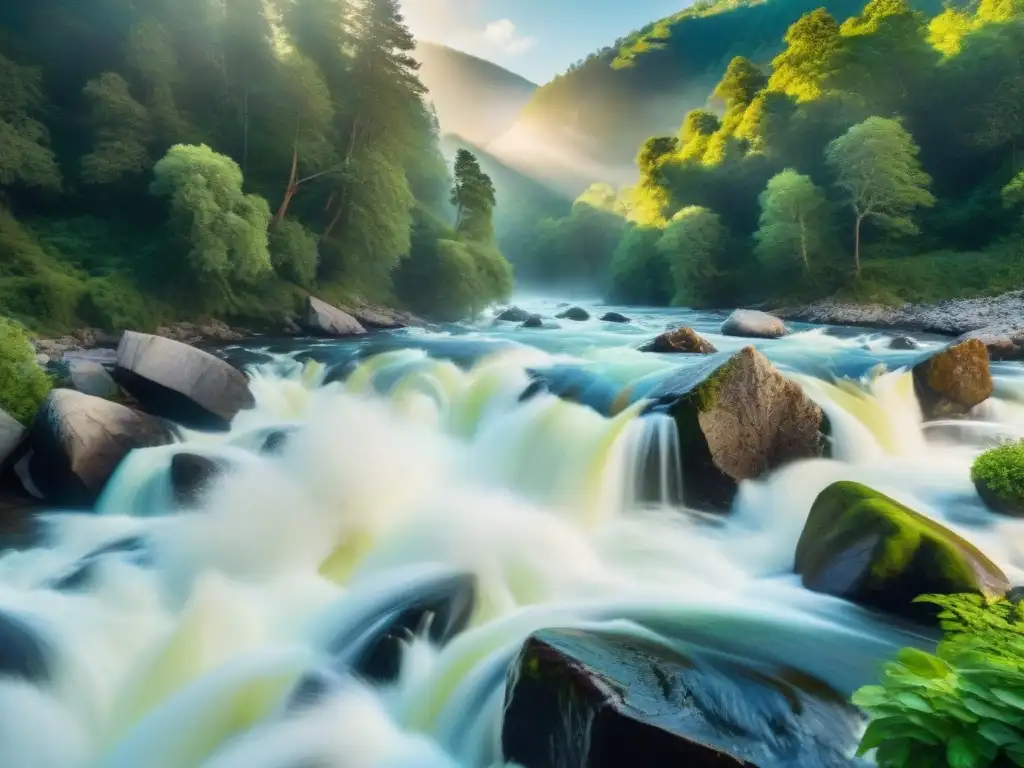Río salvaje: energía caótica entre la calma del bosque Impresionante río salvaje entre bosque, caos y calma