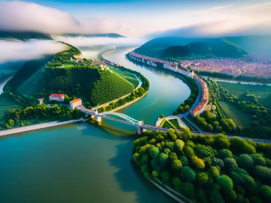 El majestuoso Danubio: un viaje por la diversidad cultural de Europa Impresionante vista aérea del Danubio serpenteando a través de Europa, conectando culturas