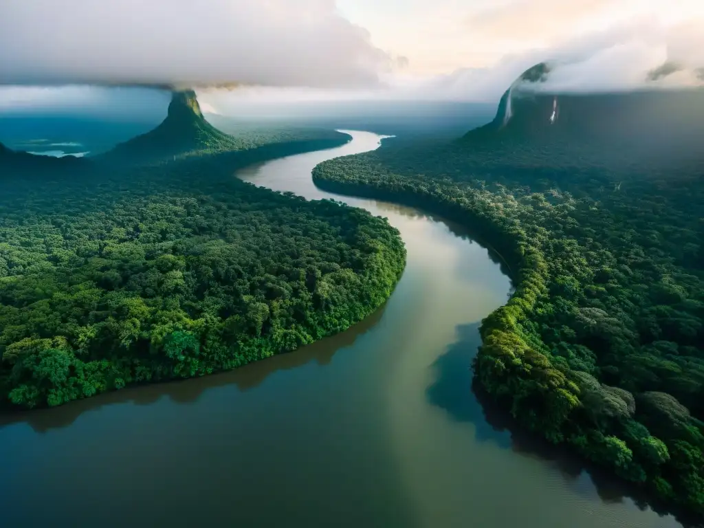 Majestuoso Amazonas: Aventura en la selva Impresionante vista aérea del majestuoso río Amazonas en la densa selva verde, evocando ríos legendarios de cine y televisión