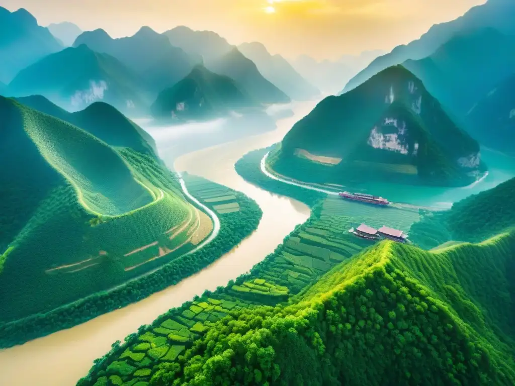 Esplendor del Yangtsé: majestuosidad y serpenteante belleza en China Impresionante vista aérea del río Yangtsé serpenteando entre montañas verdes, destacando uno de los sistemas fluviales emblemáticos del mundo
