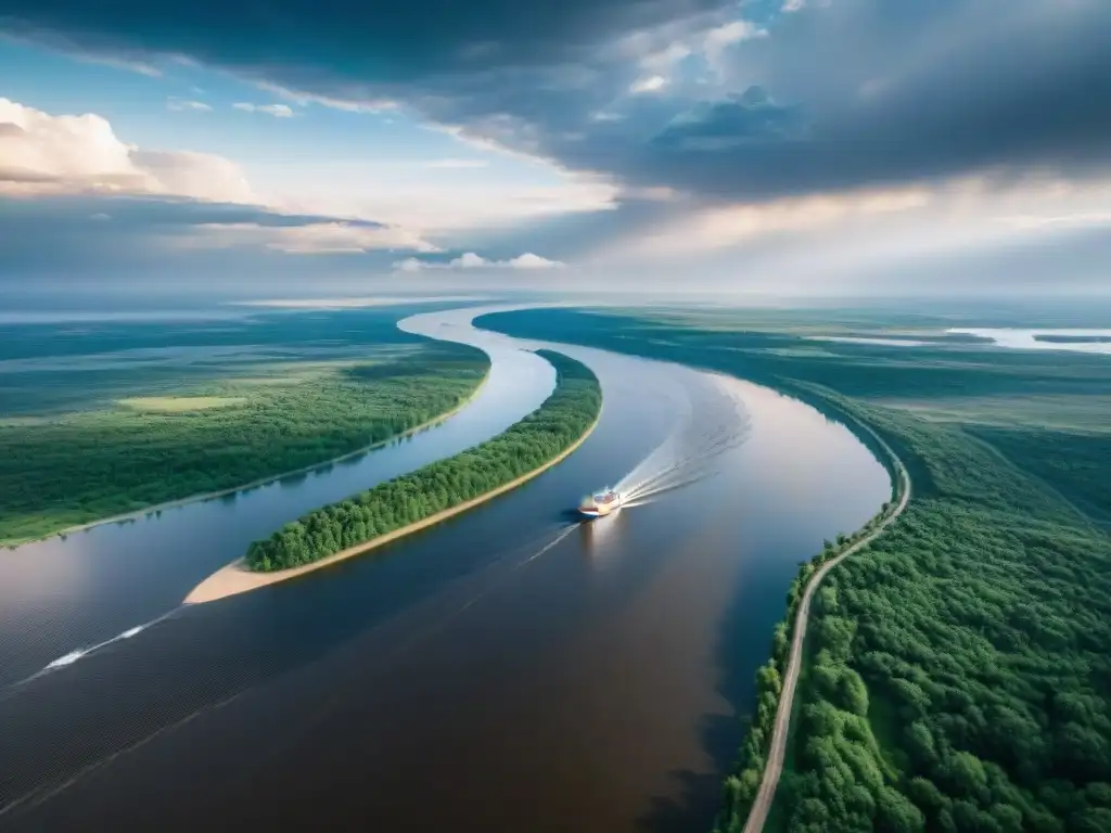 Esplendor del río Volga: majestuosidad y poder Impresionante vista del río Volga en Rusia con barcos y vegetación en sus orillas, ideal para adaptaciones cinematográficas