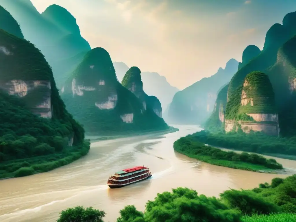 Guardianes de Piedra: maravillas naturales a lo largo del río Yangtsé Impresionantes formaciones ribereñas a lo largo del río Yangtsé en China, mostrando la majestuosidad de las Guardianes de Piedra