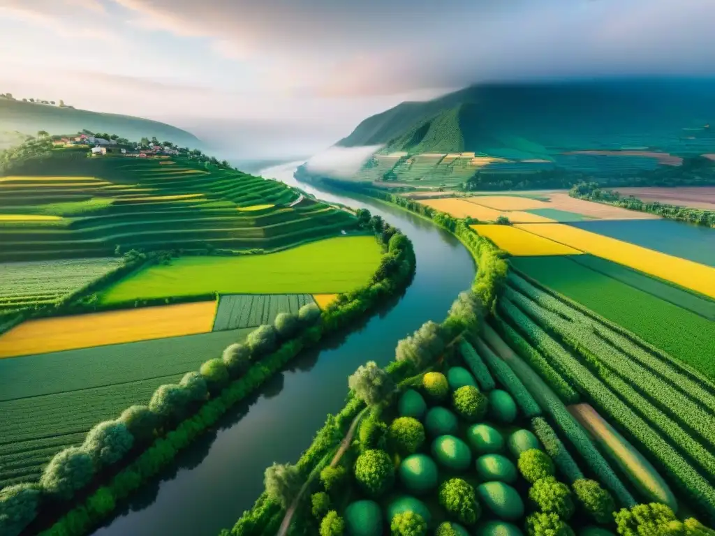 Red de cultivos verdes junto al río: belleza rural Increíble vista aérea de extensos campos verdes junto a un río, destacando la importancia de los ríos en la agricultura y el comercio fluvial
