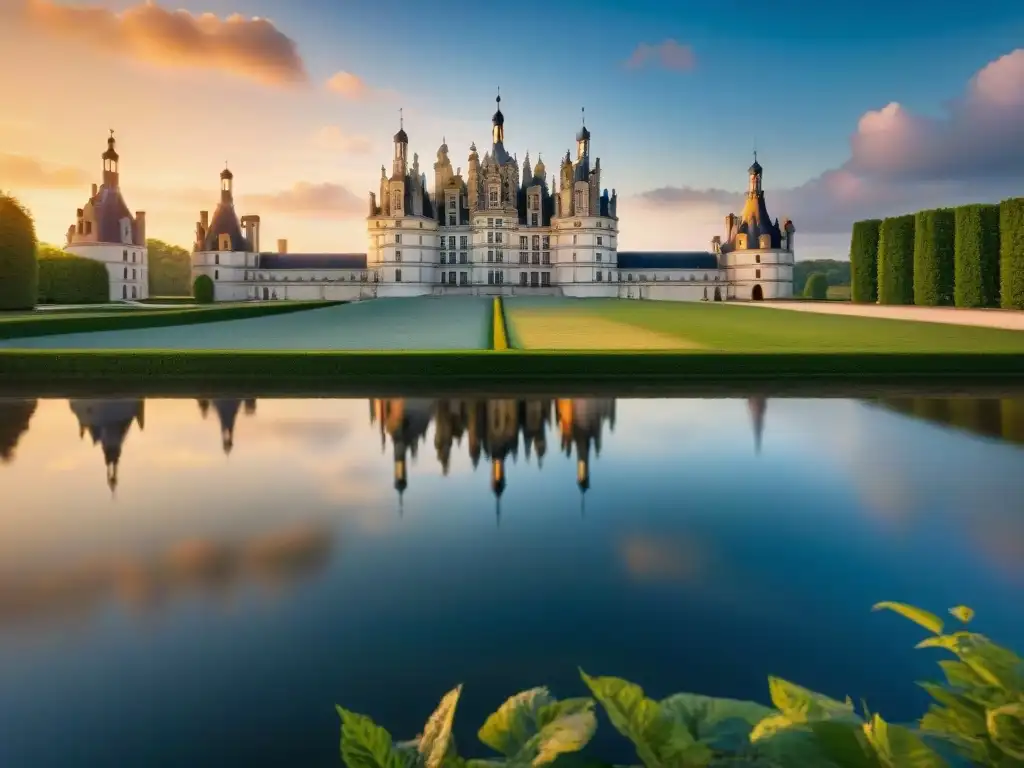 Atardecer dorado en el majestuoso Château de Chambord Influencia cultural del Loira: Château de Chambord al atardecer, destacando su arquitectura renacentista y entorno natural