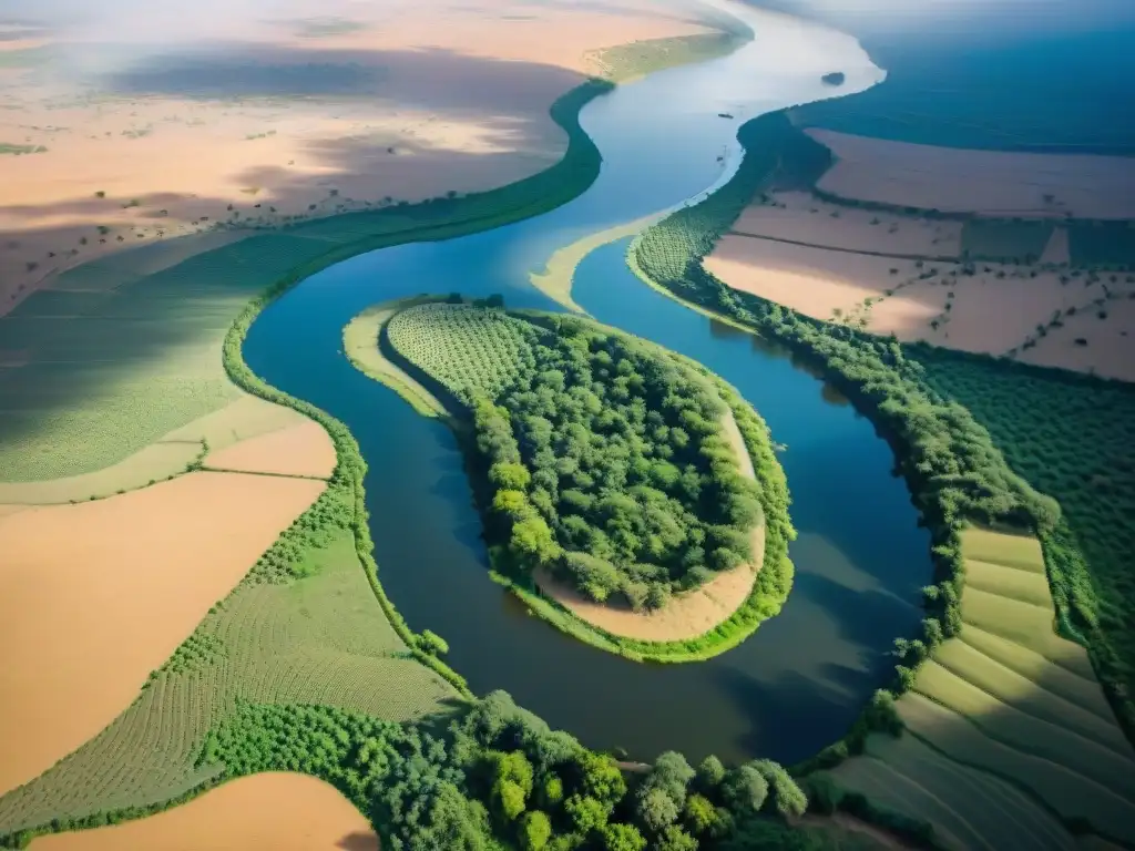Vista aérea detallada del Nilo Azul: oasis en el desierto La influencia cultural del río Nilo Azul se revela en su paisaje verde vibrante y asentamientos a lo largo de sus aguas