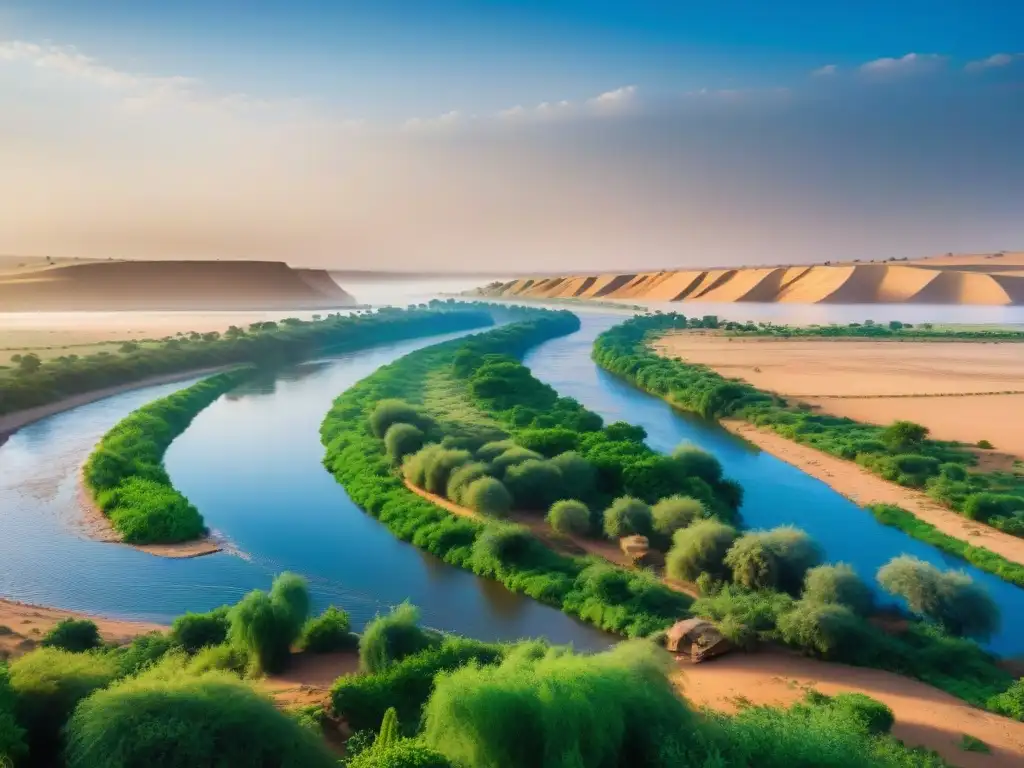 Esplendor del Nilo Azul: contraste entre vida y desierto La influencia cultural del majestuoso río Nilo Azul en un paisaje contrastante de vida y desierto al atardecer