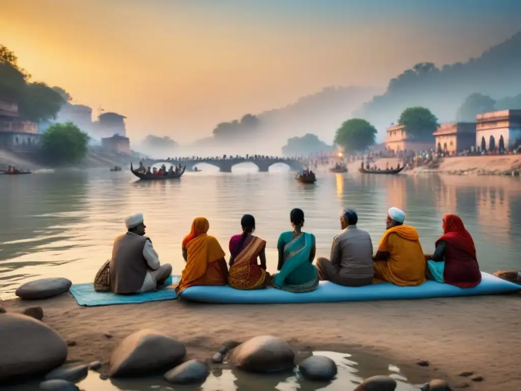Debate apasionado en las orillas del Ganges Una intensa discusión en las orillas del río Ganges, reflejando el conflicto y la pasión sobre el significado cultural del río Ganges