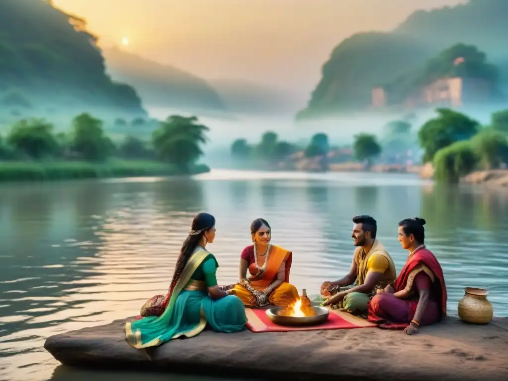 Intercambio cultural en el río: diversidad y colorido Un intercambio cultural en ríos legendarios: diversidad, conversaciones animadas y artesanías coloridas al atardecer
