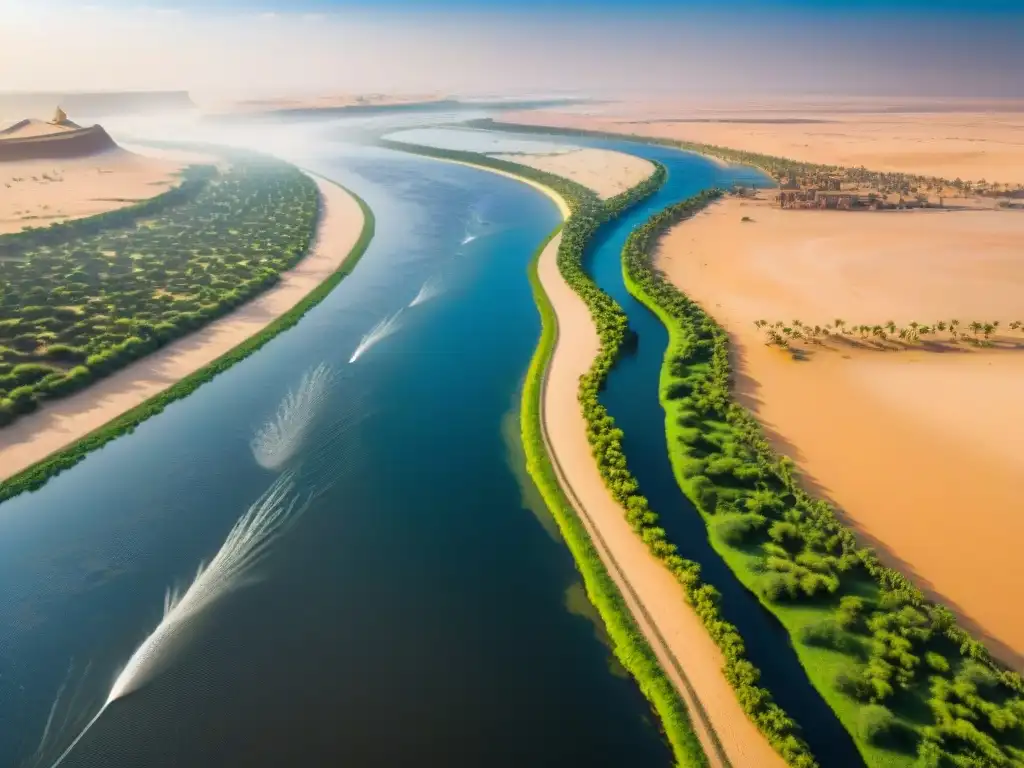 Nilo majestuoso: historia y belleza en Egipto Intercambio cultural en ríos legendarios: El Nilo serpentea majestuoso entre la aridez de Egipto, destacando la vegetación y la arena dorada