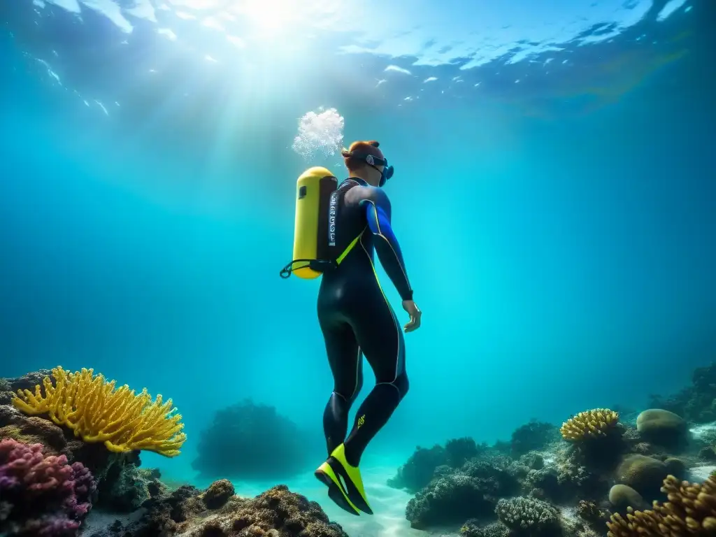 Intrépido buzo en traje de neopreno resistente, sumergiéndose con agilidad en aguas cristalinas tropicales