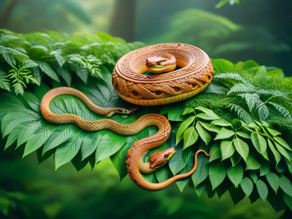 Intrincada talla en arenisca de serpiente fluvial en arte aborigen, simbolizando vida y flujo eterno del agua en exuberante selva