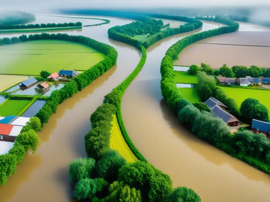 Inundación desbordante: devastación en el paisaje Inundaciones ríos devastadores impacto: Río desbordado arrasa con campos, árboles y casas, dejando devastación a su paso