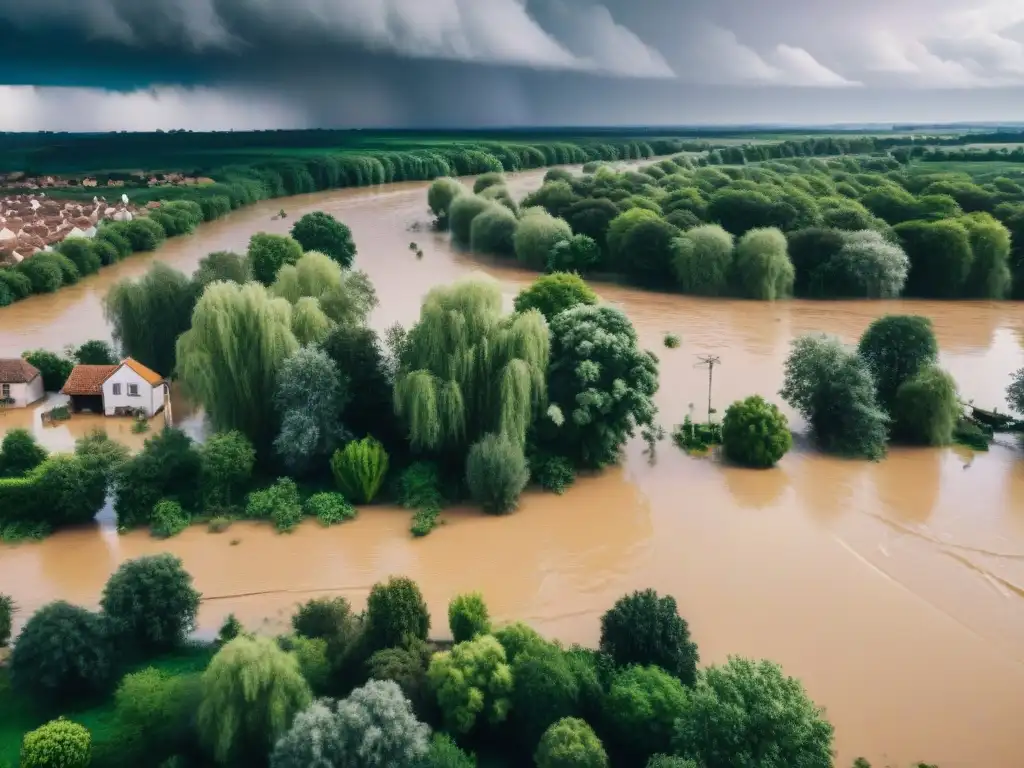 Inundación desbordante: rescate en río crecido Inundaciones ríos devastadores impacto: Río desbordado arrasa campos y casas, rescatistas en botes navegando por zona inundada