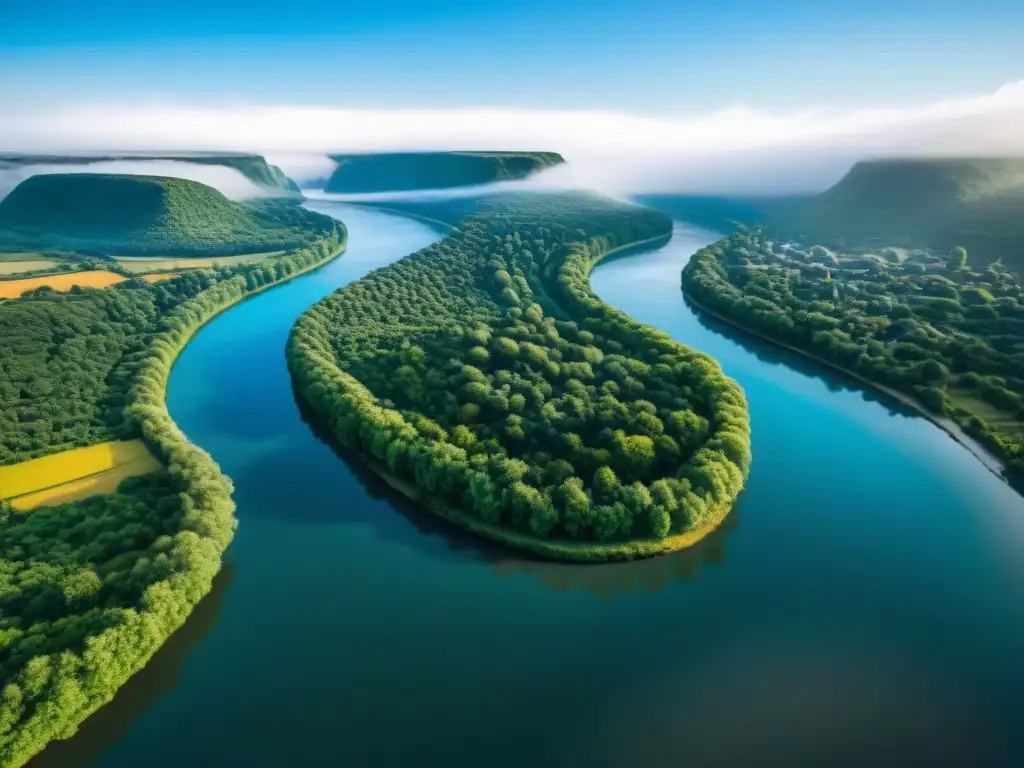 Inversión en propiedades ribereñas: belleza serena y potencial Inversiones en propiedades cerca de ríos míticos: río serpenteante rodeado de naturaleza exuberante y ruinas antiguas, reflejando un paisaje tranquilo