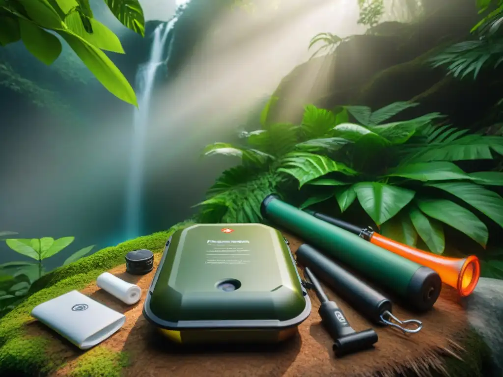 Kit de supervivencia en el río: herramientas esenciales para la selva Kit de supervivencia para ríos: herramientas esenciales en la jungla verde, junto a un río cristalino y luz filtrándose entre el dosel